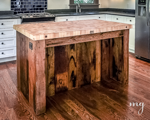 kitchen island made from reclaimed hardwood pallets found in client's attic.