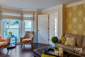 Living Room with Bold Yellow Damask Wallpaper