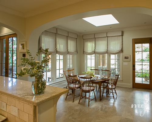 Breakfast Room with Skylight and Custom Relaxed Roman Shades