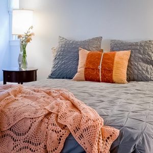 gray and coral linens