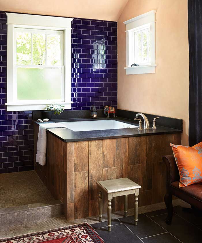 Cobalt Blue Tile behind Japanese Soaking Tub